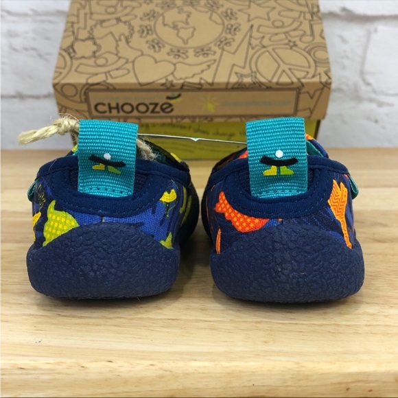 CHOOZE Scout Roar blue slip ons with orange and yellow dinosaurs - Picture 2 of 8